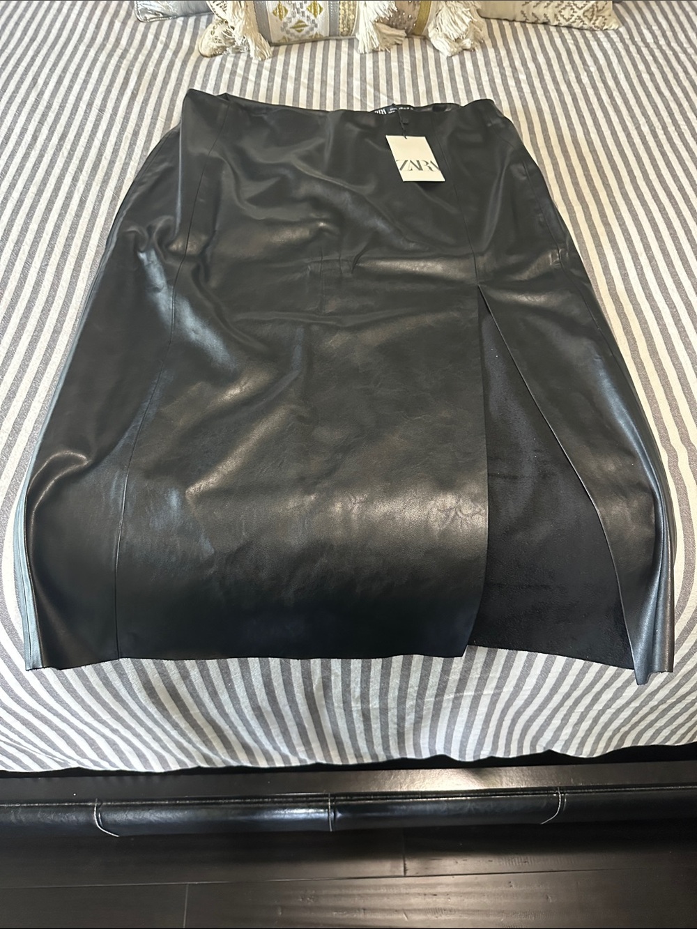 Zara Black Faux Leather Midi Skirt with Front Slit